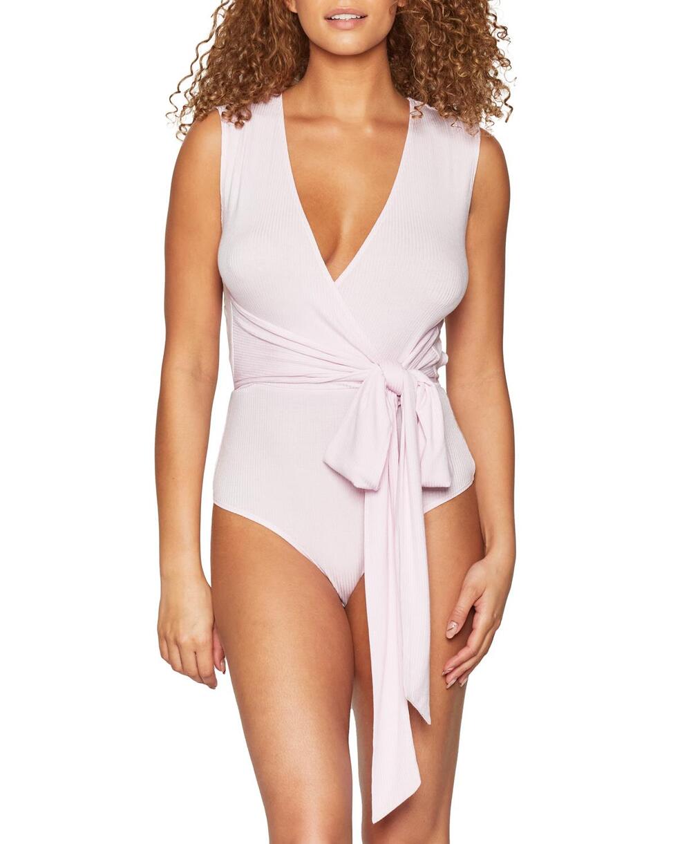 BCBGENERATION Bodysuit Women's Size M Surplice Wrap Tie Knit In Lilac Sleeveless